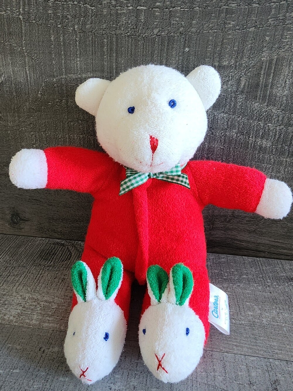 Carters Bear Terry Cloth Red White Bunny Slipper Baby Rattle Plush Vintage 55618